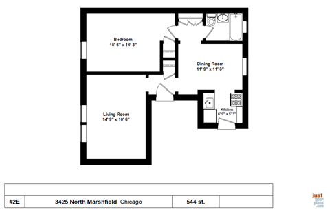 Floor plan for 1 bed, 1 bath, 674 sqft